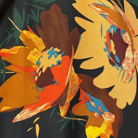 New Navy Tan Orange Bell Sleeve Ruffle Empire Waist Floral Dress Flower Retro - Picture 5 of 6